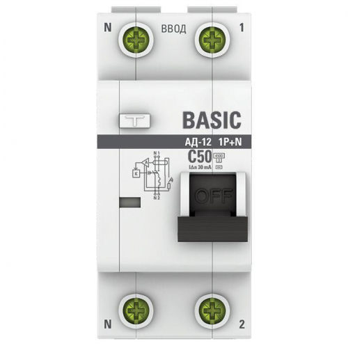 Выключатель автоматический дифференциального тока 2п (1P+N) C 50А 30мА тип AC 4.5кА АД-12 Basic EKF DA12-50-30-bas фото 2