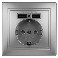 Розетка 1-м СП Plano 1-410-03 16А IP20 + 2хUSB алюм. Intro Б0053944