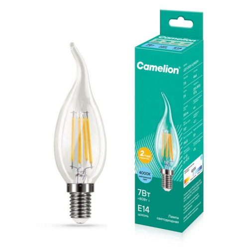 Лампа светодиодная филаментная LED7-CW35-FL/845/E14 7Вт свеча прозрачная 4500К бел. E14 220В Camelion 13455