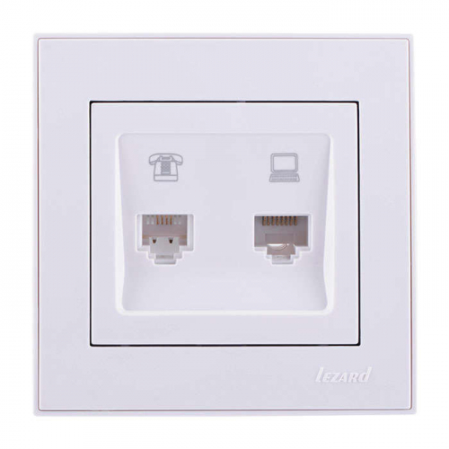 Розетка компьютерная + телефонная 2-м СП Rain RJ45 + RJ11 бел. LEZARD 703-0202-143