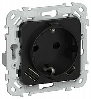 Розетка 1-м СП FLITE РСЮшс11-1-ФлЧ 16А с USB A+C 20Вт с заземл. с защ. шторками безвинтовое крепление механизм черн. IEK FI-R14-16-1-U22-020-K02