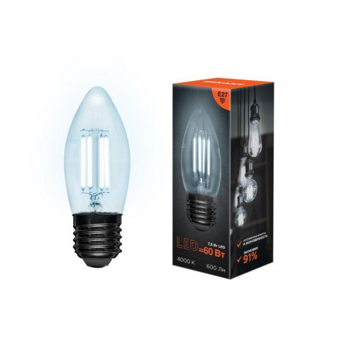 Лампа светодиодная филаментная 7.5Вт CN35 свеча прозрачная 4000К нейтр. бел. E27 600лм Rexant 604-086 фото 4
