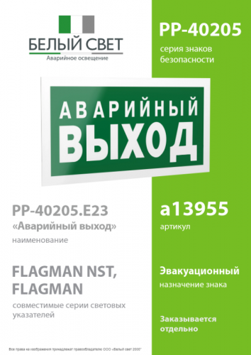 Знак безопасности PP-40205.E23 "Аварийный выход" Белый свет a13955 фото 2