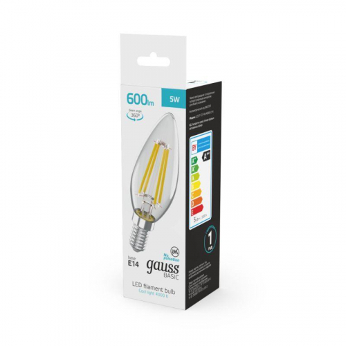 Лампа светодиодная филаментная Basic Filament 5Вт Свеча 4000К E14 600лм GAUSS 50312252 фото 6