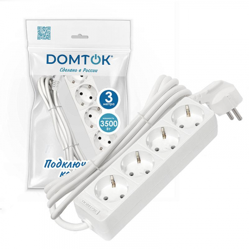 Удлинитель 4х3м с заземл. 16А IP20 3.5кВт ПВС 3х1 бел. DOMTOK 2396 фото 2