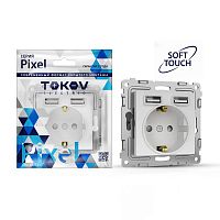 Розетка 1-м СП Pixel IP20 с заземл. с 2-мя заряд. устр. USB тип A+A механизм айс TOKOV ELECTRIC TKE-PX-R1U2A-C34