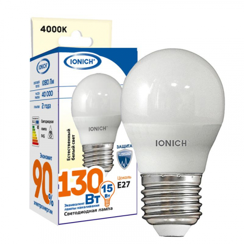 Лампа светодиодная G45 15Вт шар 4000К E27 1350лм 230В IONICH 1825