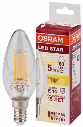 Лампа светодиодная филаментная LED STAR CLASSIC B 60 5W/827 5Вт свеча 2700К тепл. бел. E14 660лм 220-240В прозр. стекл. OSRAM 4058075116672 фото 2