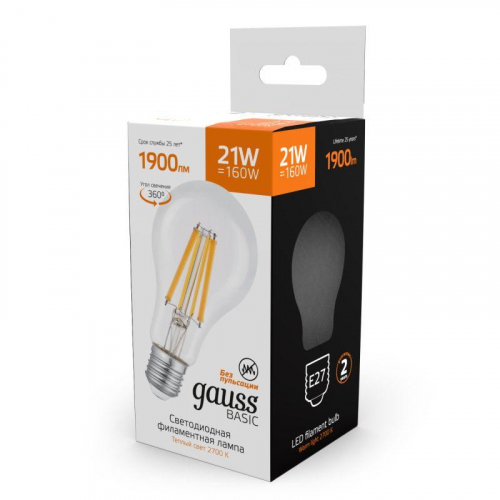 Лампа светодиодная филаментная Basic Filament А70 21Вт 2700К Е27 1900лм GAUSS 40712112 фото 5