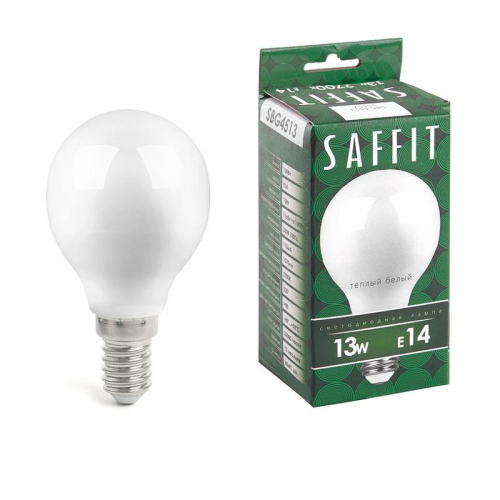 Лампа светодиодная SBG4513 13Вт G45 шар 2700К E14 230В SAFFIT 55157
