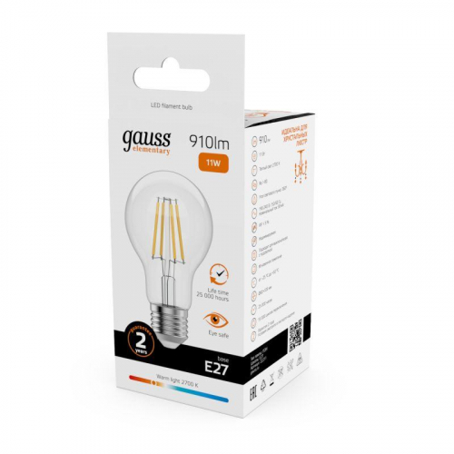 Лампа светодиодная филаментная Filament Elementary А60 11Вт 2700К Е27 910лм GAUSS 22211 фото 3