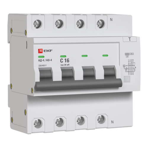 Выключатель автоматический дифференциального тока C 16А  30мА тип AC 6кА АД-4  (электрон.) защита 270В PROxima EKF DA4-6-16-30-pro фото 2