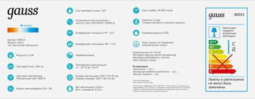 Светильник светодиодный Elena 6Вт 4000К IP20 300лм 290х110х40мм ДБП GAUSS BR033 фото 2