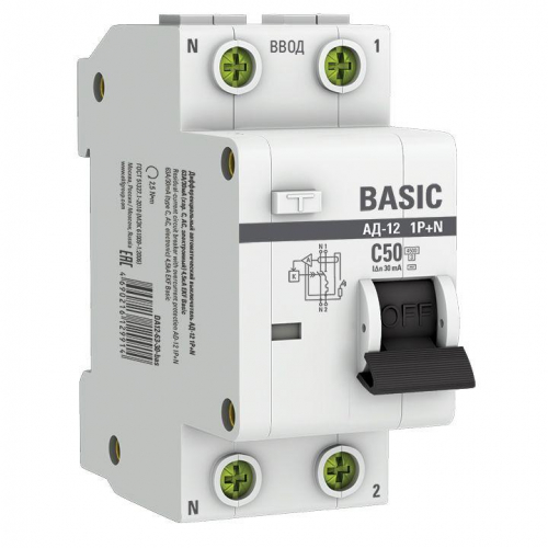 Выключатель автоматический дифференциального тока 2п (1P+N) C 50А 30мА тип AC 4.5кА АД-12 Basic EKF DA12-50-30-bas фото 3
