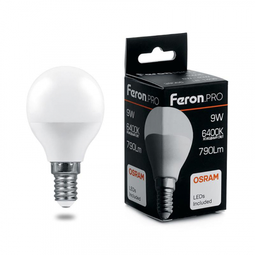 Лампа светодиодная LB-1409 9Вт G45 шар 6400К E14 230В FERON 38079