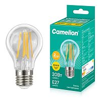 Лампа светодиодная филаментная LED20-A60-FL/830/E27 20Вт грушевидная прозрачная 3000К тепл. бел. E27 220В Camelion 13718