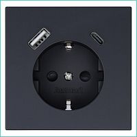 Розетка СП FD Shuko 16А с заземл. защ. шторки с 2-мя заряд. устр. USB тип A+C 25Вт механизм черн. матов. soft touch Jasmart FD5501USB-25PBM