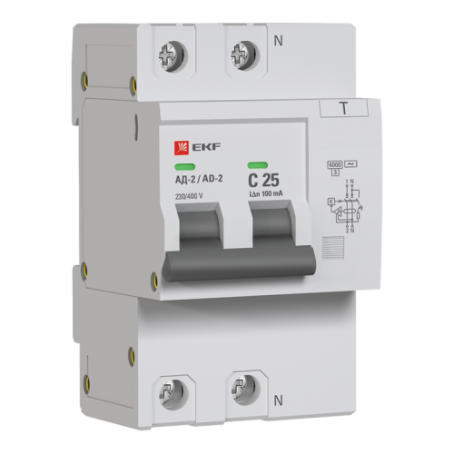 Выключатель автоматический дифференциального тока C 25А 100мА тип AC 6кА АД-2 (электрон.) защита 270В PROxima EKF DA2-6-25-100-pro фото 2
