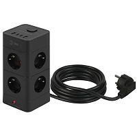 Фильтр сетевой башня 8х1.5 с заземл. 16А IP20 TWR-8es-1.5m-4USB-B с выключателем + 4хUSB A+C черн. Эра Б0069072