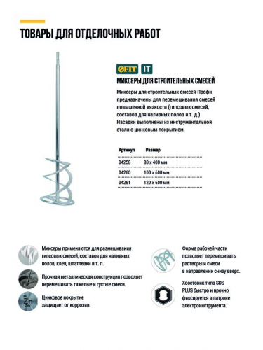 Миксер для строительных смесей оцинкованный Профи хвостовик SDS-PLUS 120х600мм FIT 04261 фото 7