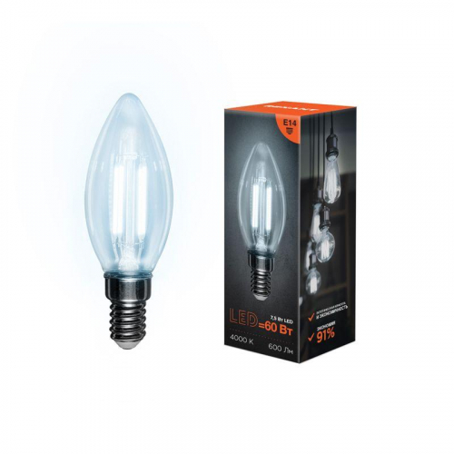 Лампа светодиодная филаментная 7.5Вт CN35 свеча прозрачная 4000К нейтр. бел. E14 600лм Rexant 604-084 фото 3