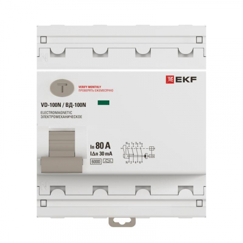 Выключатель дифференциального тока 4п 80А 30мА тип A 6кА ВД-100N электромех. PROxima EKF E1046MA8030 фото 3