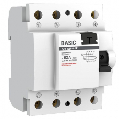 Выключатель дифференциального тока (УЗО) 4п 63А 100мА ВДТ-40 (электрон.) Basic EKF elcb-4-63-100e-sim фото 3