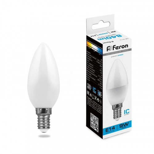 Лампа светодиодная LB-570 9Вт C37 свеча 6400К E14 230В FERON 25800