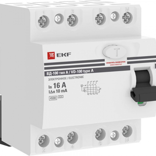 Выключатель дифференциального тока (УЗО) 4п 16А 10мА тип А ВД-100 (электромех.) PROxima EKF elcb-4-16-10-em-a-pro фото 2