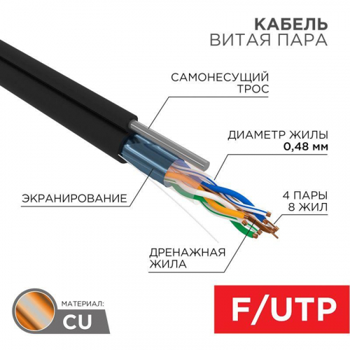 Кабель витая пара F/UTP кат.5e 4х2х24AWG solid PE OUTDOOR + ТРОСх1 черн. 305м (м) PROCONNECT 01-0155