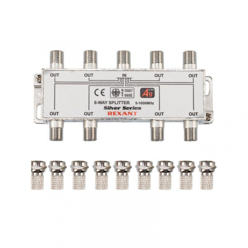 Делитель ТВх8 + 9шт F 5-1000 МГц (Silver) box(уп.5шт) Rexant 05-6105 фото 4