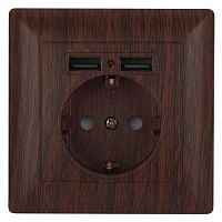 Розетка 1-м СП Solo 4-410-10 P+E Schuko 16А 250В + 2хUSB IP20 с заземл. защ. шторки венге Intro Б0053719