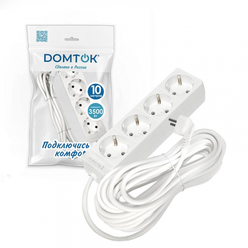 Удлинитель 4х10м с заземл. 16А IP20 3.5кВт ПВС 3х1 бел. DOMTOK 2395 фото 2