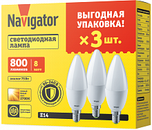 Лампа светодиодная 95 489 NLL-03-01 (C37-8-230-2.7K-E14-FR-PACK3) 8Вт свеча 2700К тепл. бел. E14 800лм 90-240В (уп.3шт) NAVIGATOR 95489