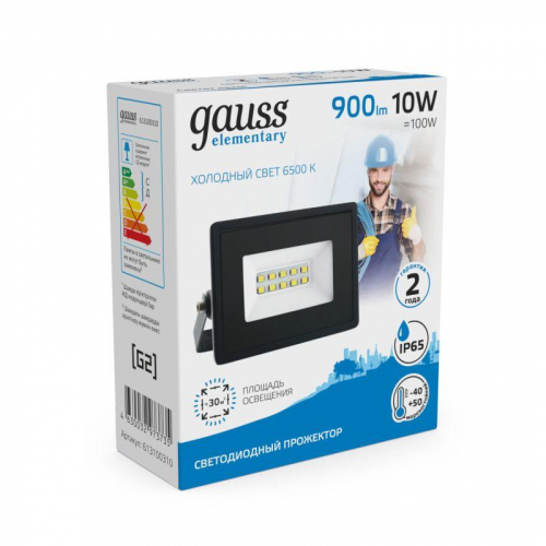 Прожектор светодиодный Elementary 10Вт 6500К IP65 900лм 200-240В ДО черн. GAUSS 613100310 фото 4