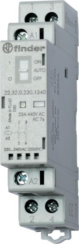 Контактор модульный 2NO 25А AgSnO2 24В AC/DC 17.5мм IP20 опции: переключатель Авто-Вкл-Выкл + мех. индикатор + LED FINDER 223200244340