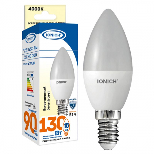 Лампа светодиодная C37 15Вт свеча 4000К E14 230В IONICH 1907