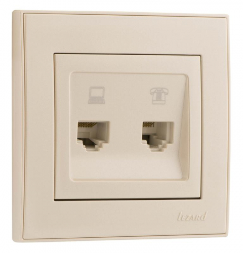 Розетка компьютерная + телефонная 2-м СП Rain RJ45 + RJ11 жемчуж./бел. перламутр. LEZARD 703-3030-143