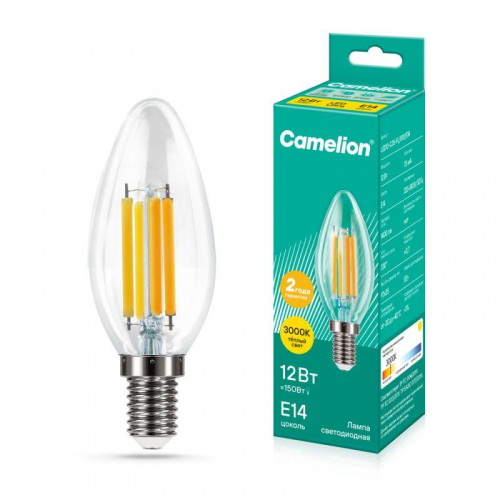 Лампа светодиодная филаментная LED12-C35-FL/830/E14 12Вт свеча прозрачная 3000К тепл. бел. E14 220В Camelion 13708