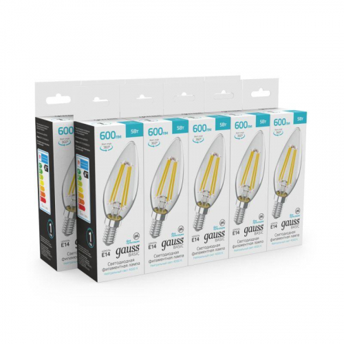 Лампа светодиодная филаментная Basic Filament 5Вт Свеча 4000К E14 600лм GAUSS 50312252 фото 2