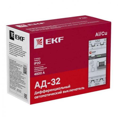 Выключатель автоматический дифференциального тока 1п+N C 25А 100мА тип AC 4.5кА АД-32 PROxima EKF DA32-25-100-pro фото 2