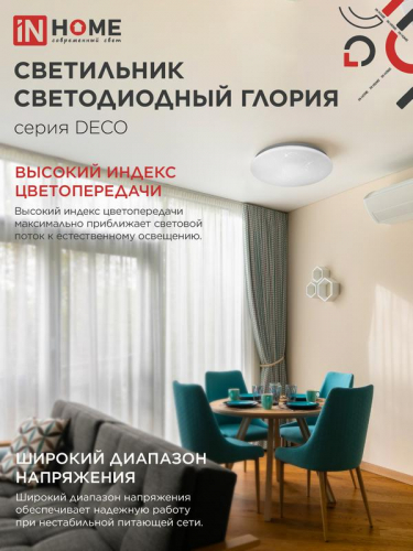 Светильник светодиодный DECO ГЛОРИЯ 36Вт 4000К 3240лм 230В 380х55мм IN HOME 4690612025100 фото 5