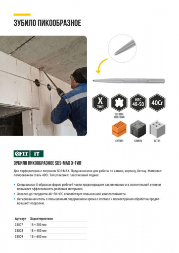 Зубило пикообразное Х-тип SDS-MAX легированная сталь 18х600мм FIT 33509 фото 8