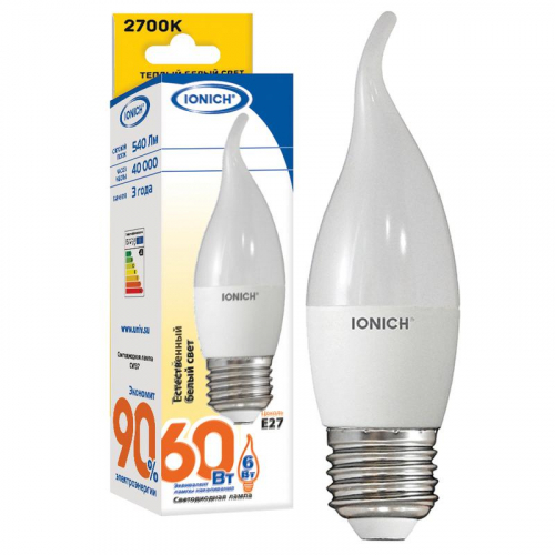 Лампа светодиодная ILED-SMD2835-CW37-6-540-230-2.7-E27 CW37 6Вт Свеча на ветру 2700К тепл. бел. E27 230В IONICH 1633