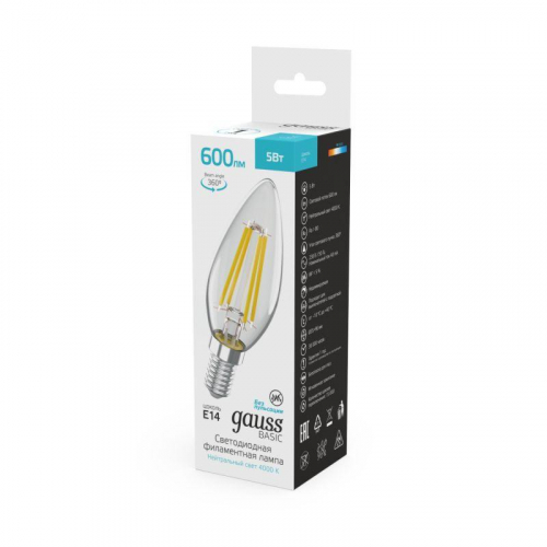 Лампа светодиодная филаментная Basic Filament 5Вт Свеча 4000К E14 600лм GAUSS 50312252 фото 5