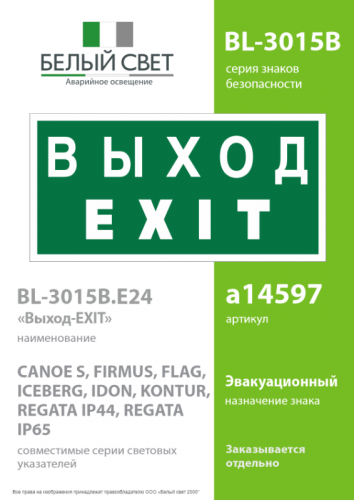 Знак безопасности BL-3015B.E24 "Выход-EXIT" Белый свет a14597 фото 2