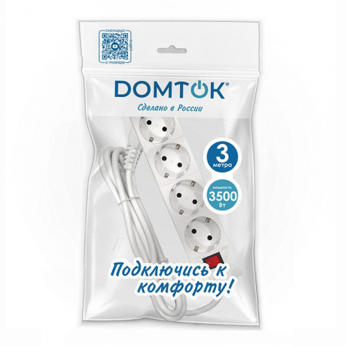 Удлинитель 4х3х16А IP20 3х1 с выкл. бел. DOMTOK 2499 фото 2