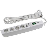 Удлинитель с сетевым фильтром 5х2м с заземл. 10А IP20 U-5es-2m-W 2хUSB ПВС 3х0.75 с выкл. защ. шторки бел. Эра C0043327
