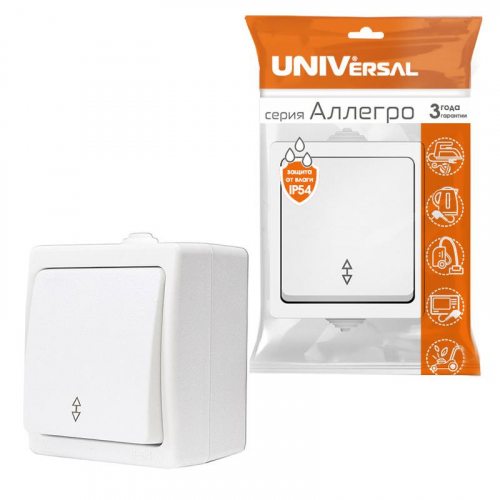 Переключатель проходной 1-кл. ОП Аллегро 10А IP54 (еврослот) бел. UNIVersal 5563484 фото 3