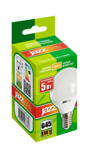 Лампа светодиодная PLED-ECO 5Вт G45 шар 3000К тепл. бел. E14 400лм 220-240В JazzWay 1036896A фото 2